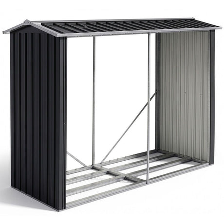Black steel firewood storage shed with pitched roof
