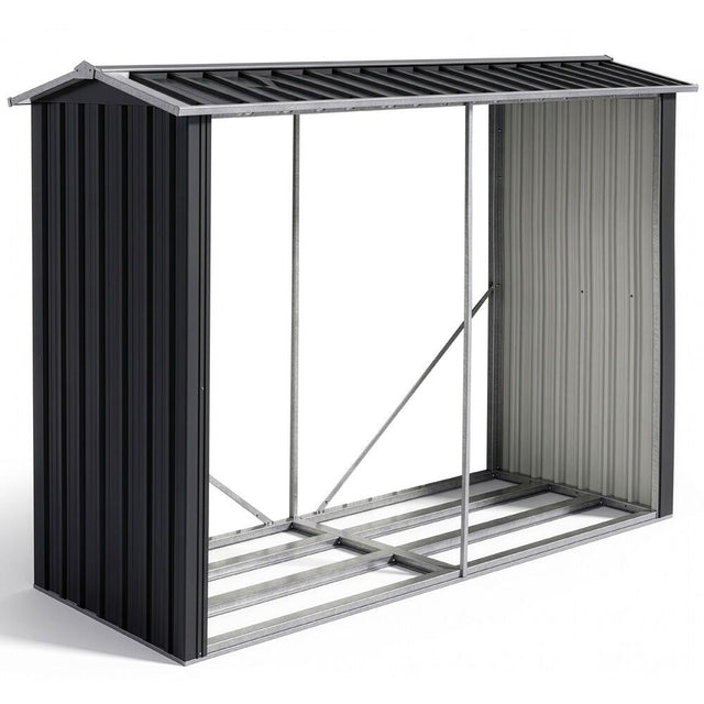Black steel firewood storage shed with pitched roof