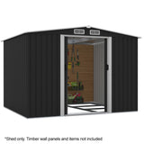 Outdoor black galvanised steel garden shed with gable roof, front view