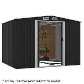 Outdoor black galvanised steel garden shed with gable roof, front view