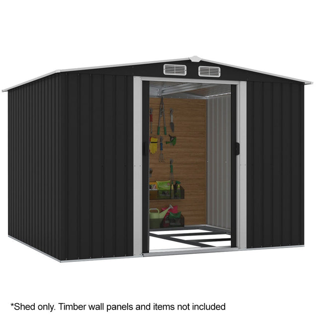 Outdoor black galvanised steel garden shed with gable roof, front view