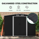 Black steel garden shed with sliding doors open showing interior