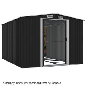 Fraser Range galvanised steel gable roof garden shed with sliding doors