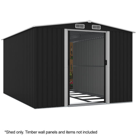 Outdoor galvanised steel garden shed with gable roof, front view