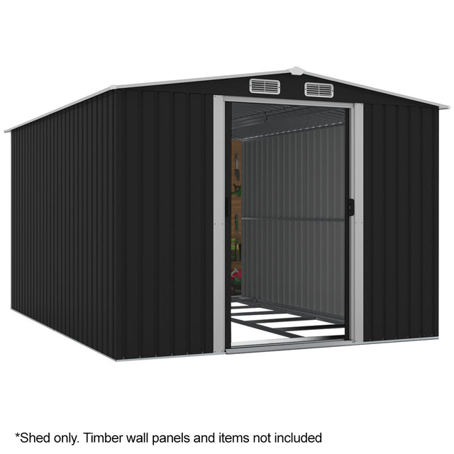 Fraser Range galvanised steel gable roof garden shed with sliding doors