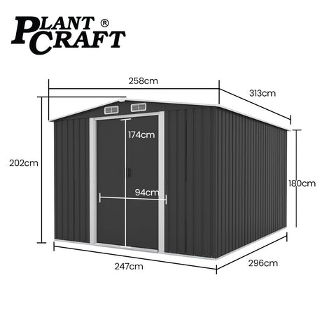 Steel garden shed with sliding doors open showing interior