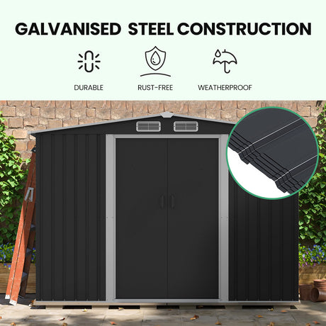 Galvanised steel garden shed side view with gable roof