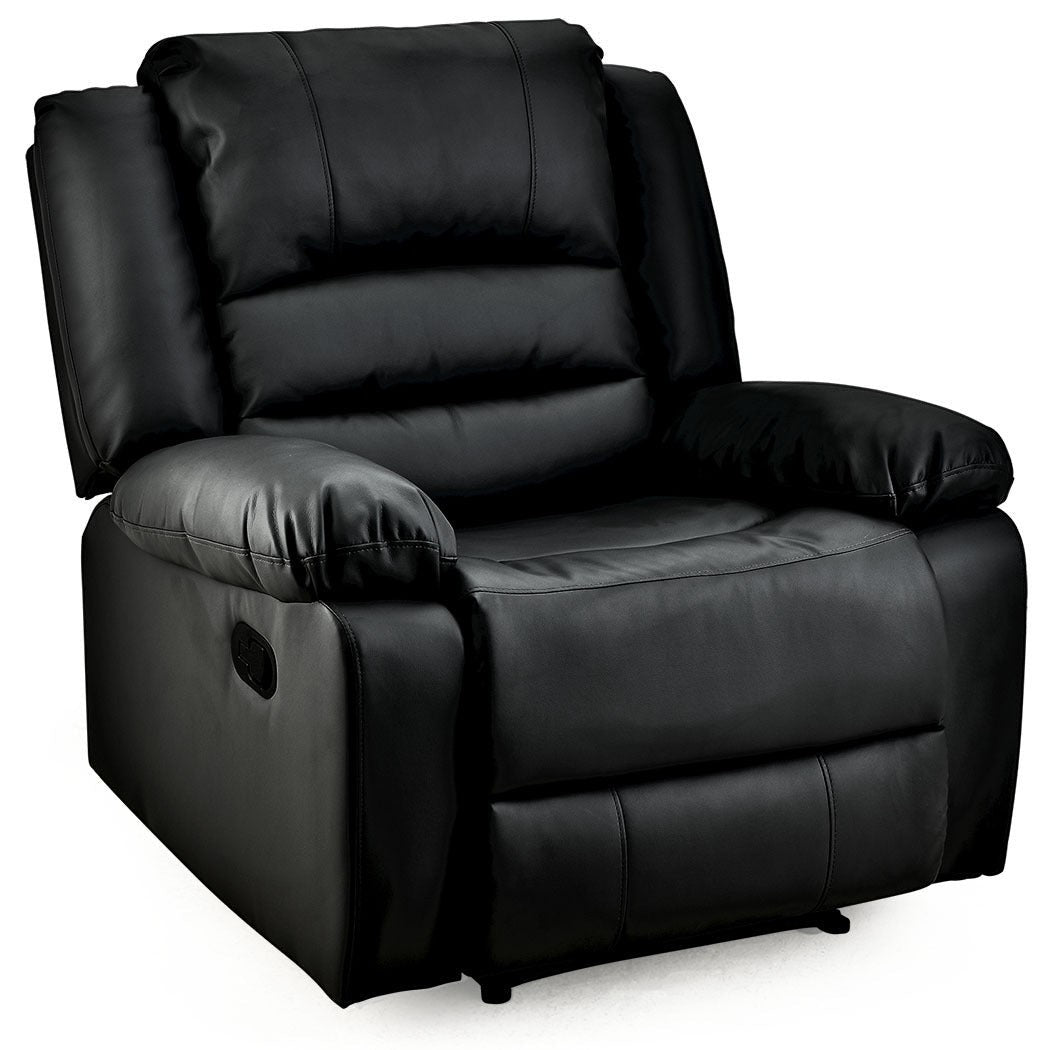 Nellies black faux leather recliner chair in a modern living room