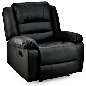 Nellies black faux leather recliner chair in a modern living room