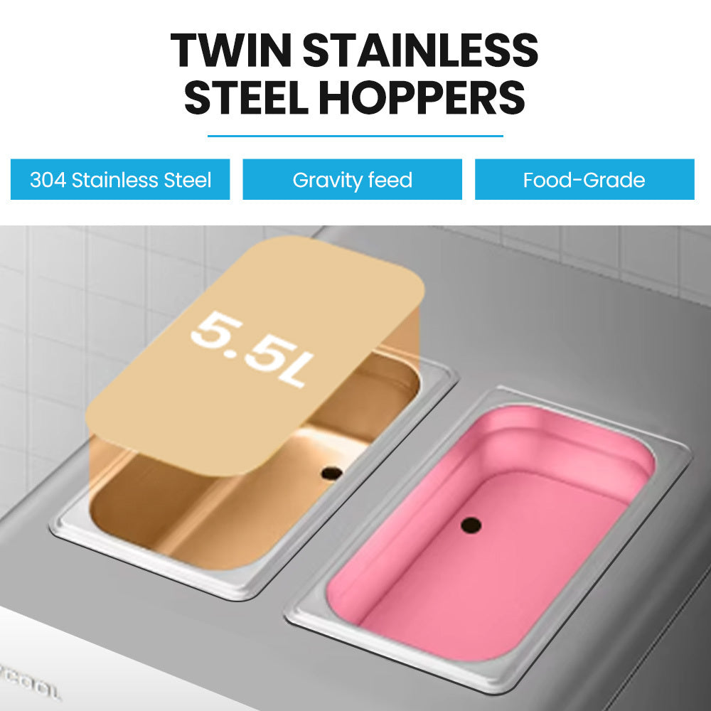 Twin stainless steel hoppers on the gravity fed soft serve machine