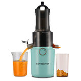 Seafoam green cold press slow juicer with wide feed chute and juice jug