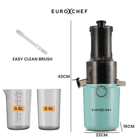 Front view of the 200 W cold press juicer in seafoam green
