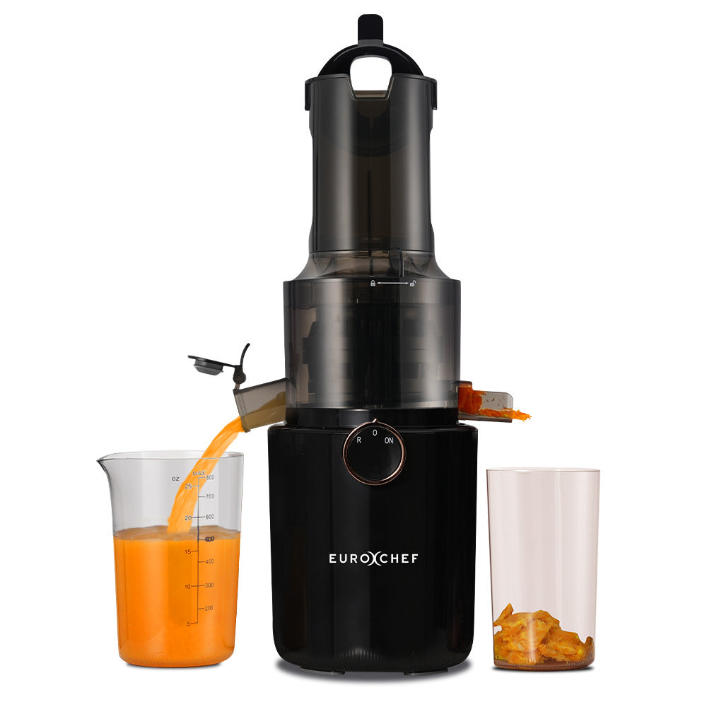 Charcoal grey cold press slow juicer with wide feed chute and juice jug