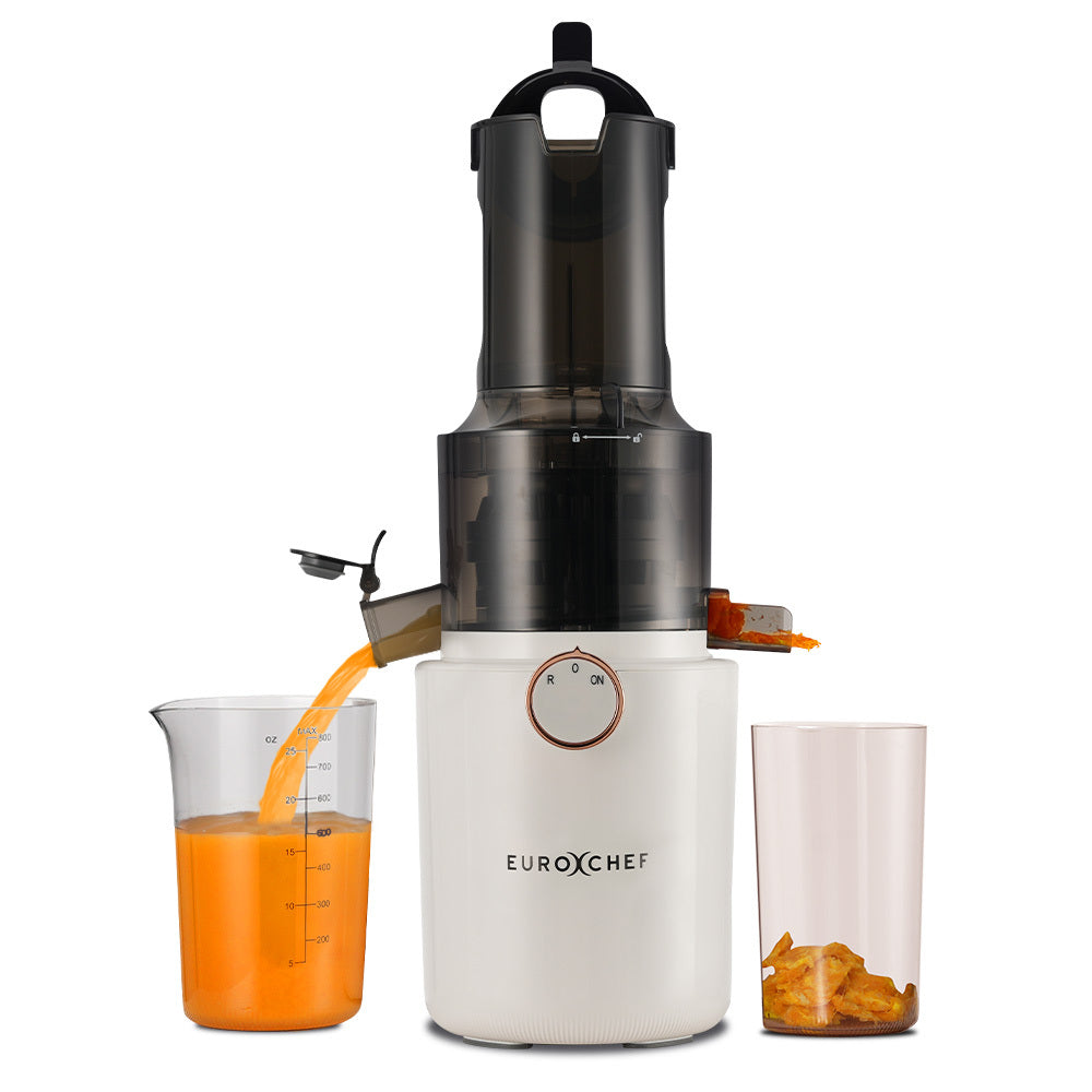 White cold press slow juicer with wide feed chute and juice jug