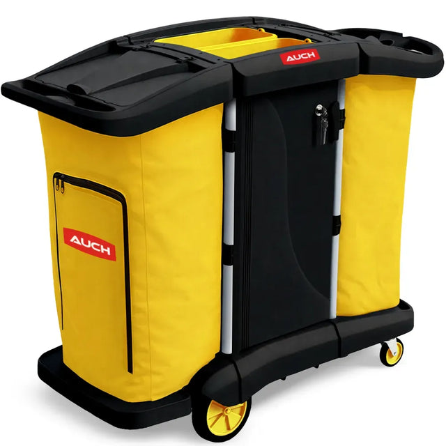 Double bag janitor cleaning trolley with lockable cabinet in black