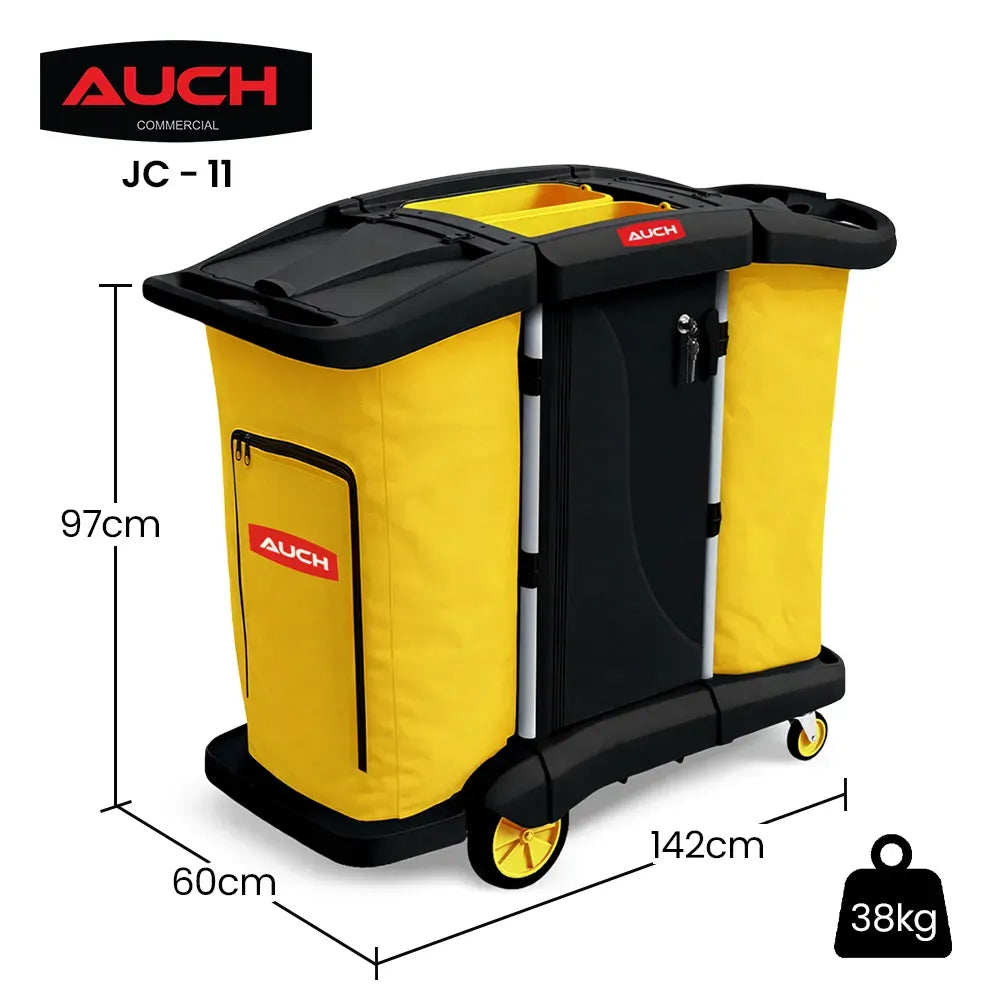 Double bag janitor cleaning trolley with lockable cabinet in black