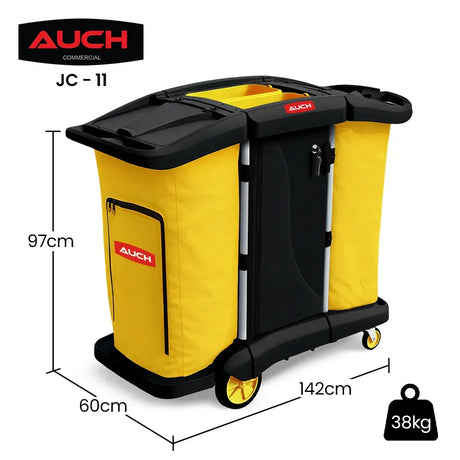 Double bag janitor cleaning trolley with lockable cabinet in black