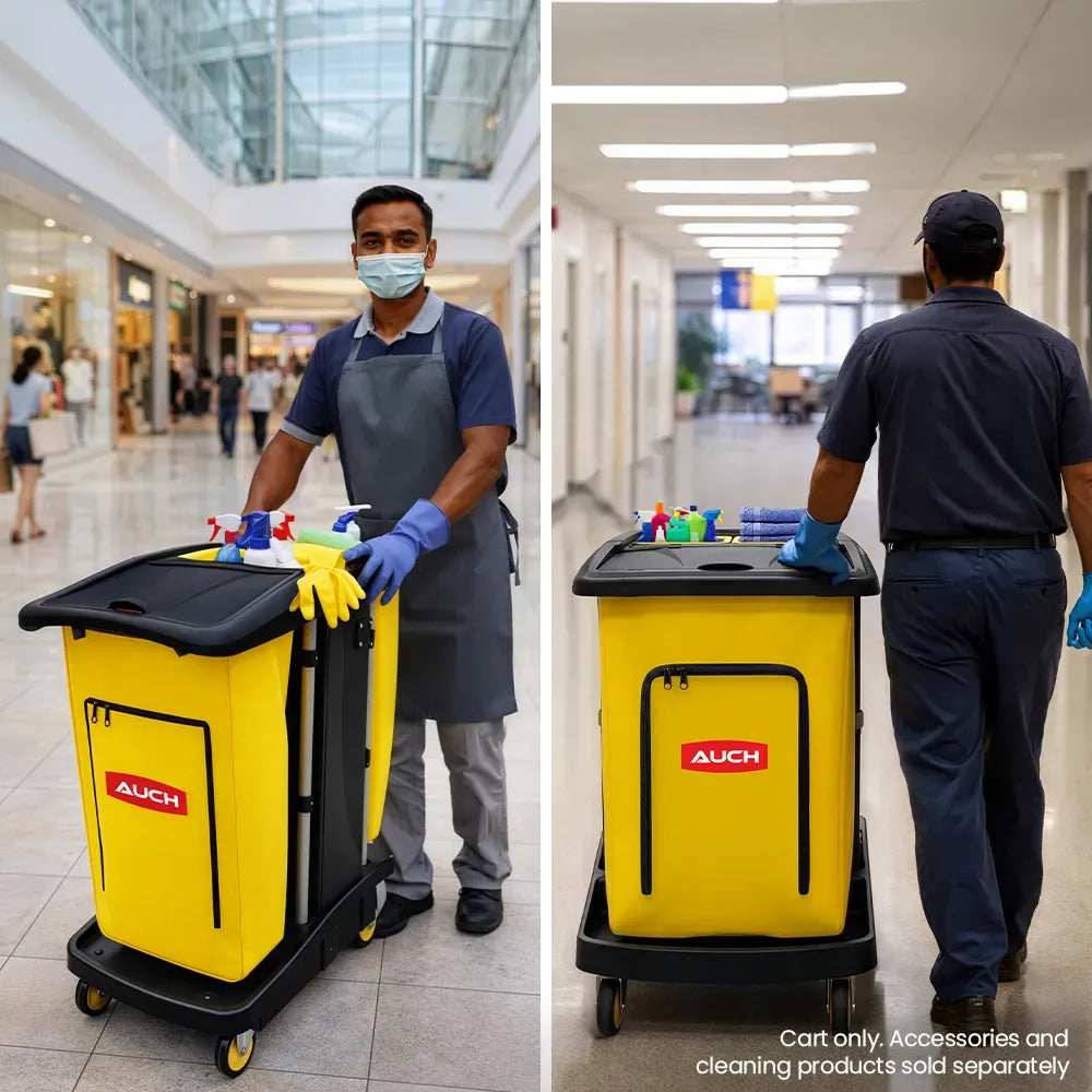 Double bag janitor cleaning trolley with lockable cabinet in black