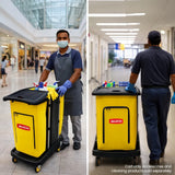 Double bag janitor cleaning trolley with lockable cabinet in black