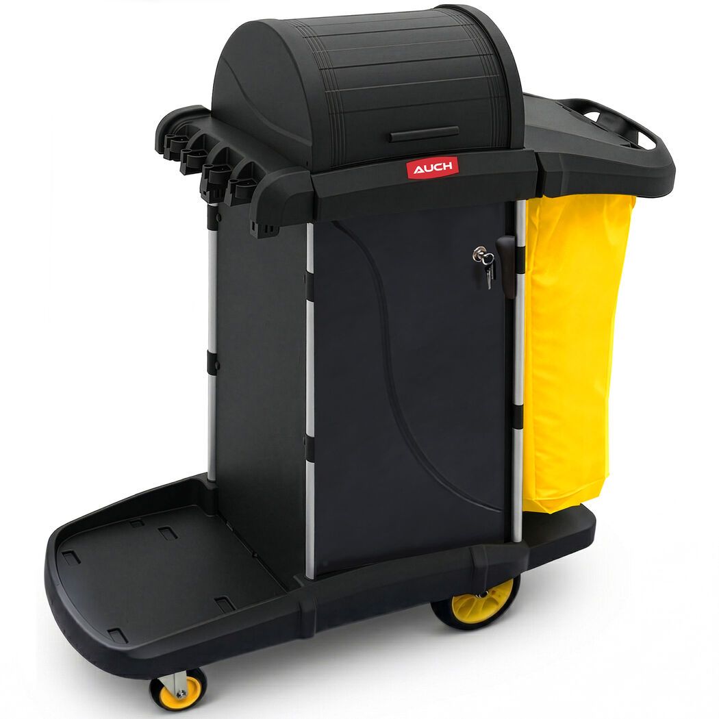 Single bag janitor cleaning trolley with lockable cabinet in black