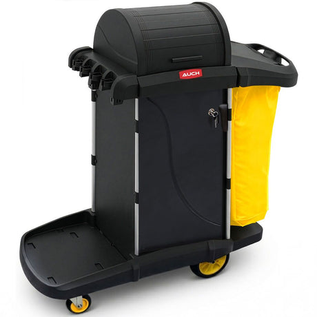 Single bag janitor cleaning trolley with lockable cabinet in black