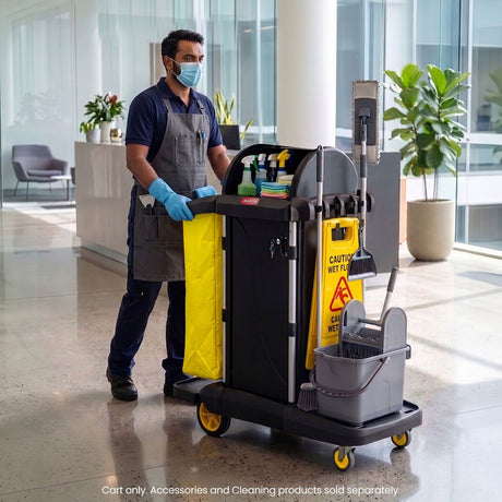 Single bag janitor cleaning trolley with lockable cabinet in black