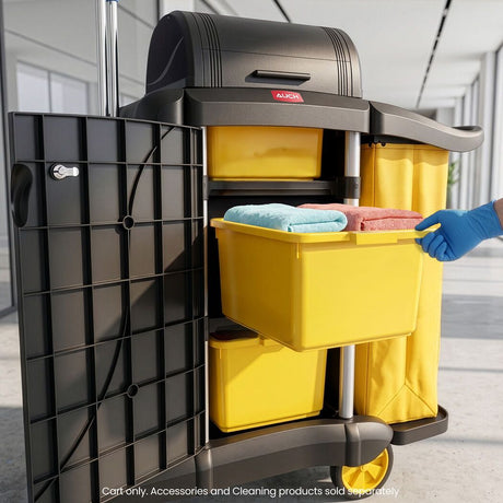 Single bag janitor cleaning trolley with lockable cabinet in black