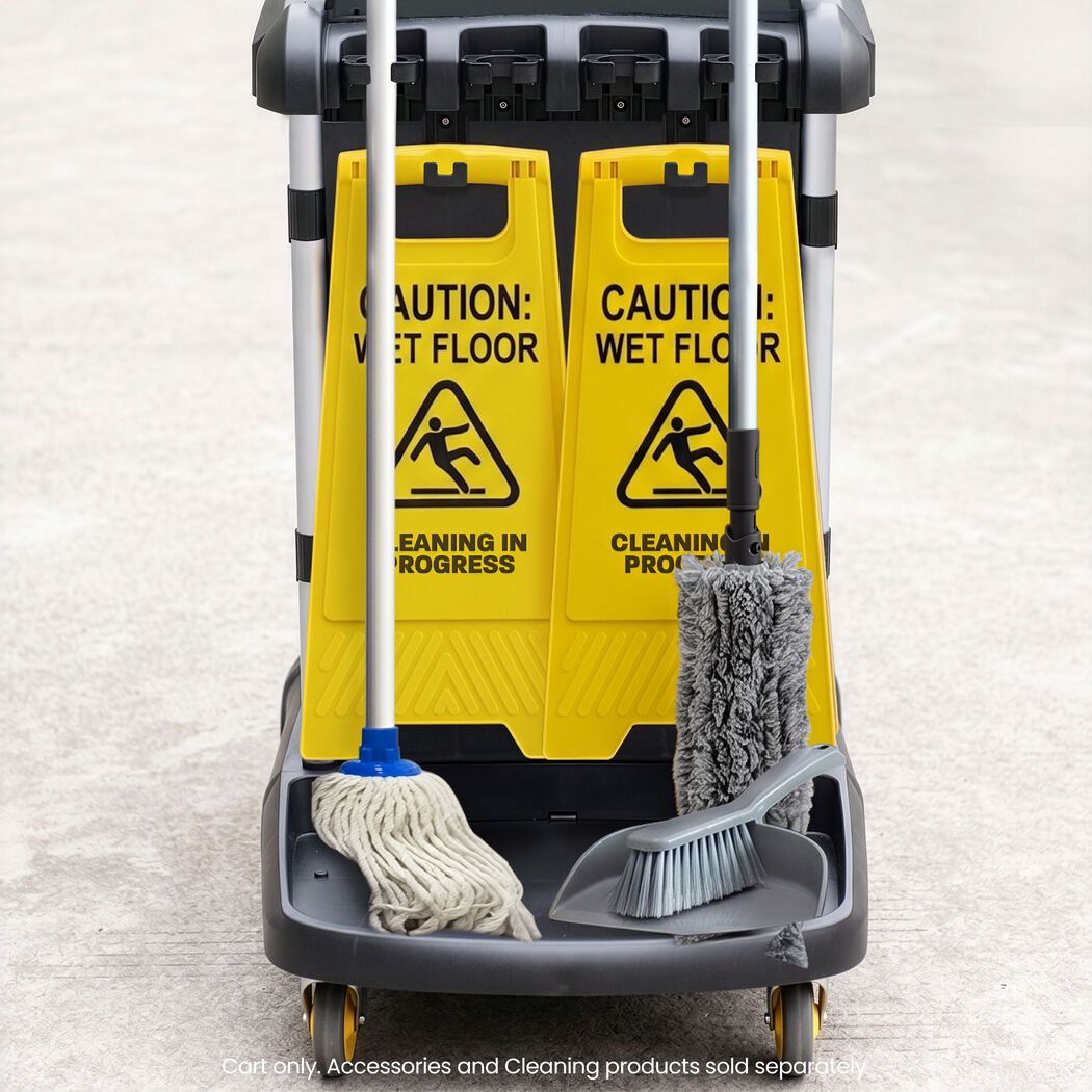 Single bag janitor cleaning trolley with lockable cabinet in black