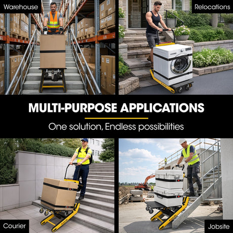 Electric stair climbing hand truck 210kg with adjustable tilt in yellow