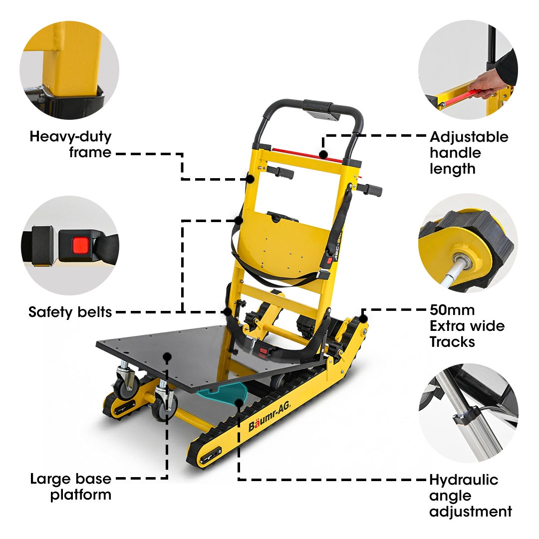 Electric stair climbing hand truck 210kg with adjustable tilt in yellow