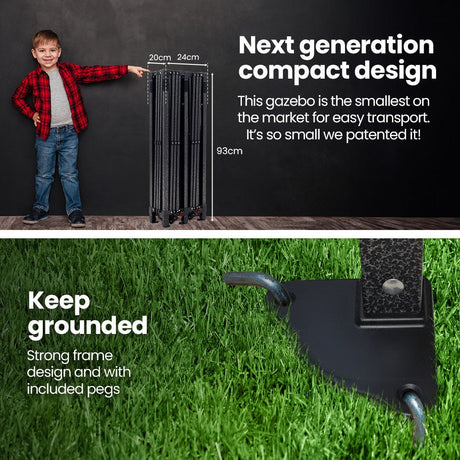 Angled view of the navy pop up gazebo showing steel frame and Oxford weave roof