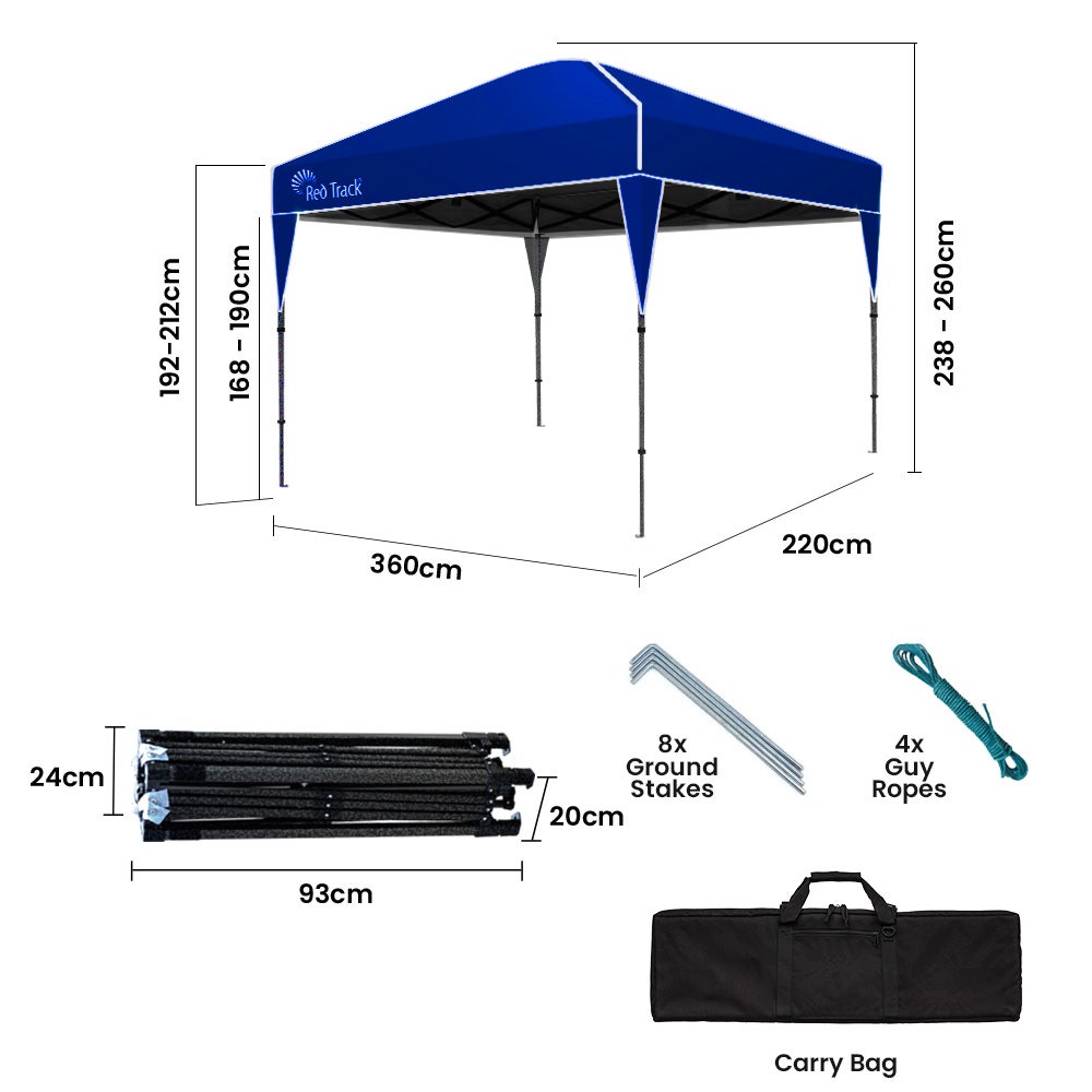 Tent pegs and guy ropes supplied for anchoring the navy folding gazebo