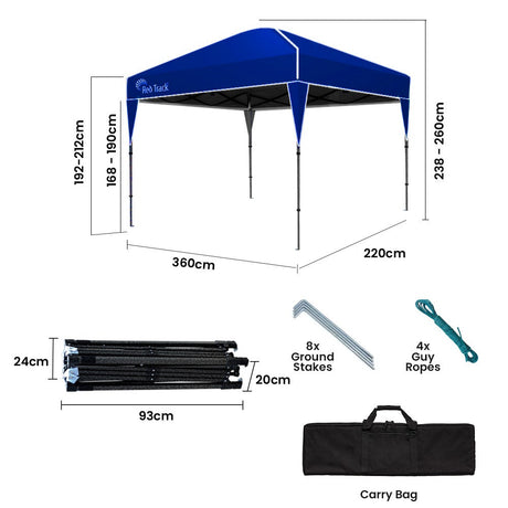 Tent pegs and guy ropes supplied for anchoring the navy folding gazebo