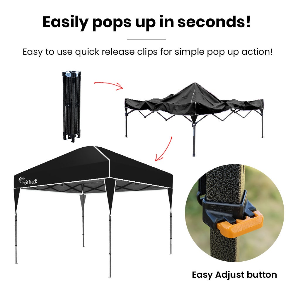Black folding gazebo shading a market stall style outdoor setup