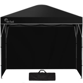 Black 3.6 x 2.2 m folding gazebo with three side walls fitted, front view