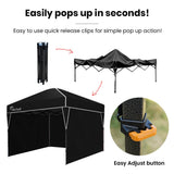 Folded black gazebo beside its carry bag showing the 93 cm packed length