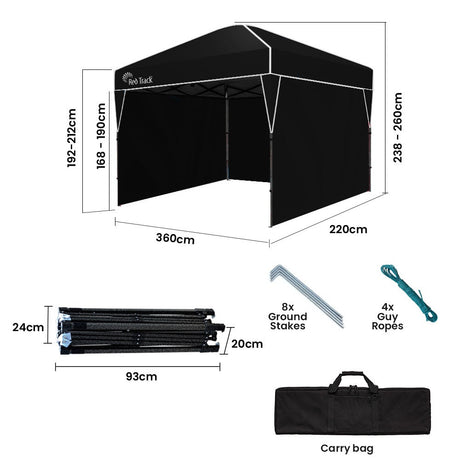 Tent pegs and guy ropes supplied for anchoring the black folding gazebo