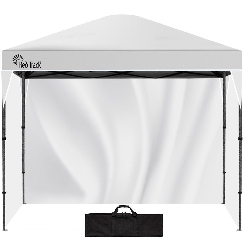 White 3.6 x 2.2 m folding gazebo with three side walls fitted, front view