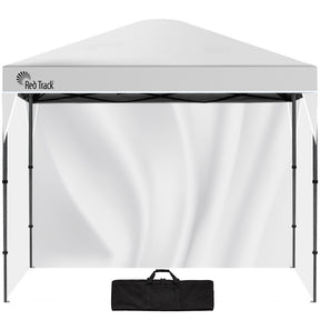 White 3.6 x 2.2 m folding gazebo with three side walls fitted, front view