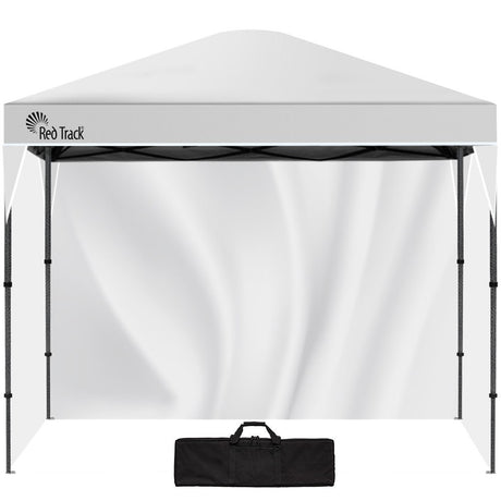 White 3.6 x 2.2 m folding gazebo with three side walls fitted, front view
