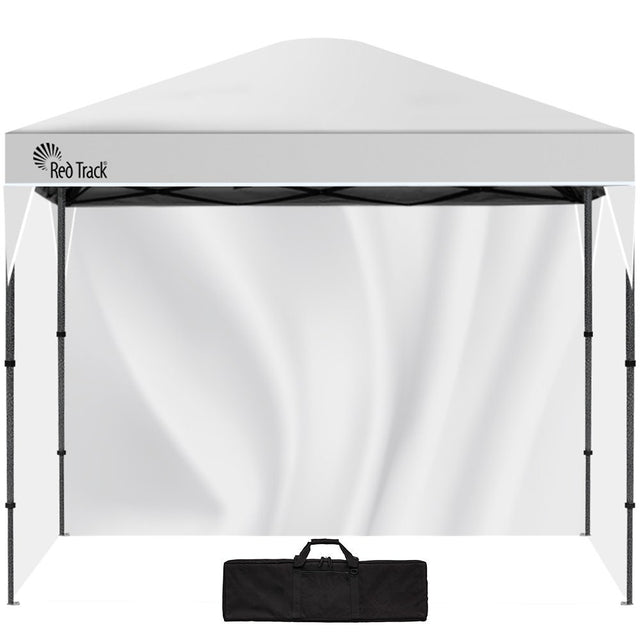 White 3.6 x 2.2 m folding gazebo with three side walls fitted, front view