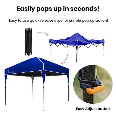 Navy blue folding gazebo shading an outdoor market or backyard setup