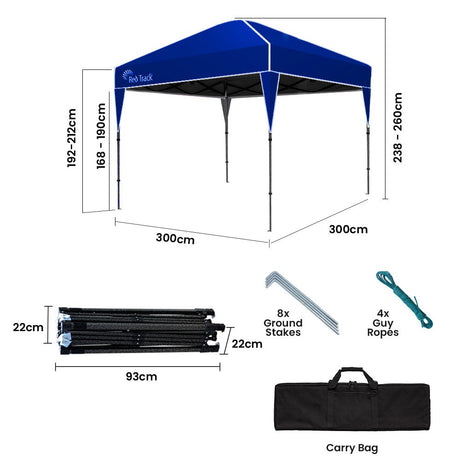 Ground pegs and guy ropes supplied for anchoring the navy folding gazebo