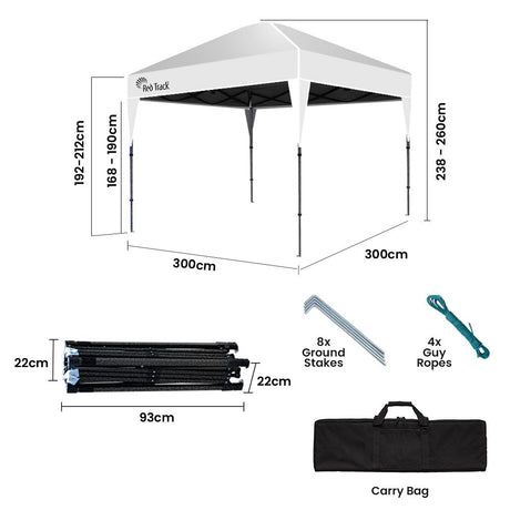 Diagram of the white gazebo showing the 3 x 3 m footprint and 2.6 m overall height