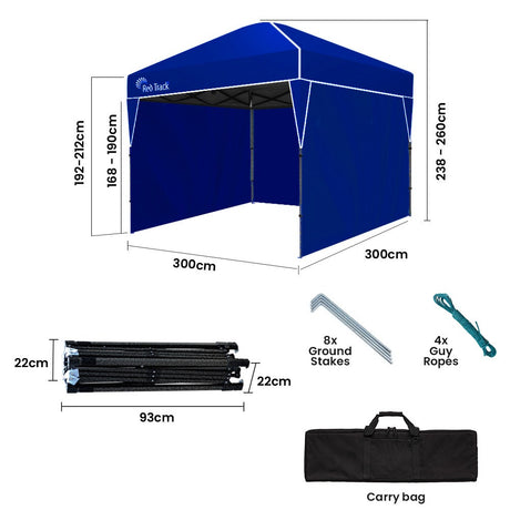 Diagram of the navy blue gazebo showing the 3 x 3 m footprint and 2.6 m height