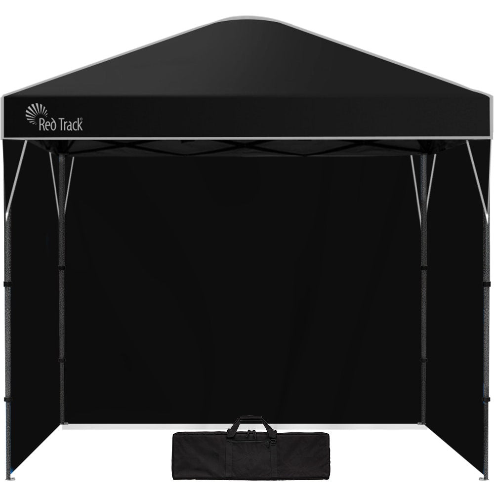 Black 3 x 3 m pop up gazebo assembled outdoors with side walls fitted