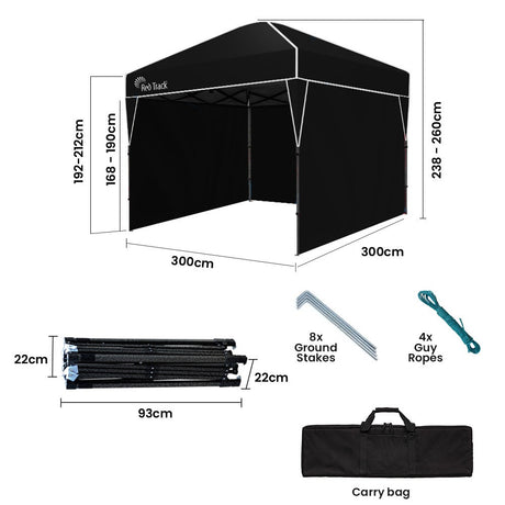 Diagram of the black gazebo showing the 3 x 3 m footprint and 2.6 m height