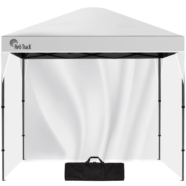 White 3 x 3 m pop up gazebo assembled outdoors with three side walls fitted