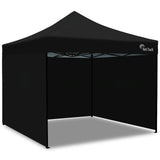 Black 3 x 3 m heavy duty pop up gazebo set up outdoors, front view