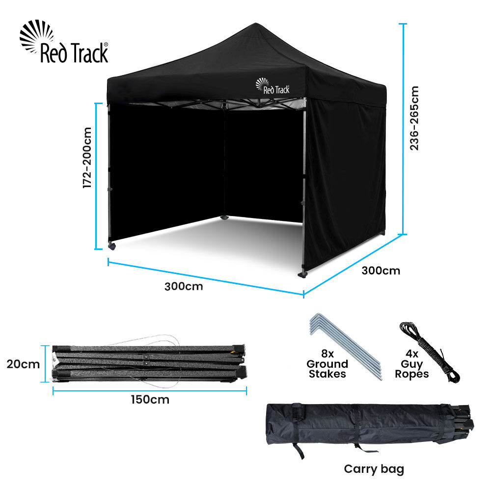 Angled view of the black pop up gazebo showing the peaked canopy and steel legs